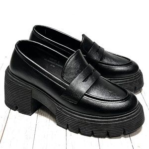 New Black Platform Slip On Chunky Penny Loafers